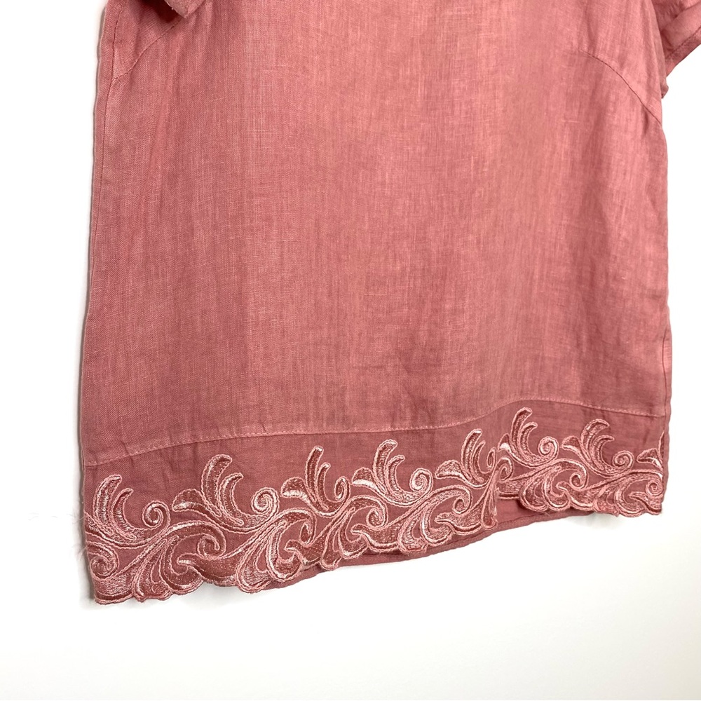 Lina Tomei Linen Floral Embroidered Trim Short Sleeve Pullover Blouse Dusty Rose - Picture 3 of 8